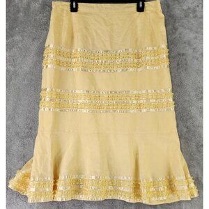 Couture Inc Skirt Womens 18 Yellow Linen‎ Flare Lined Ruffle Trim Midi Summer